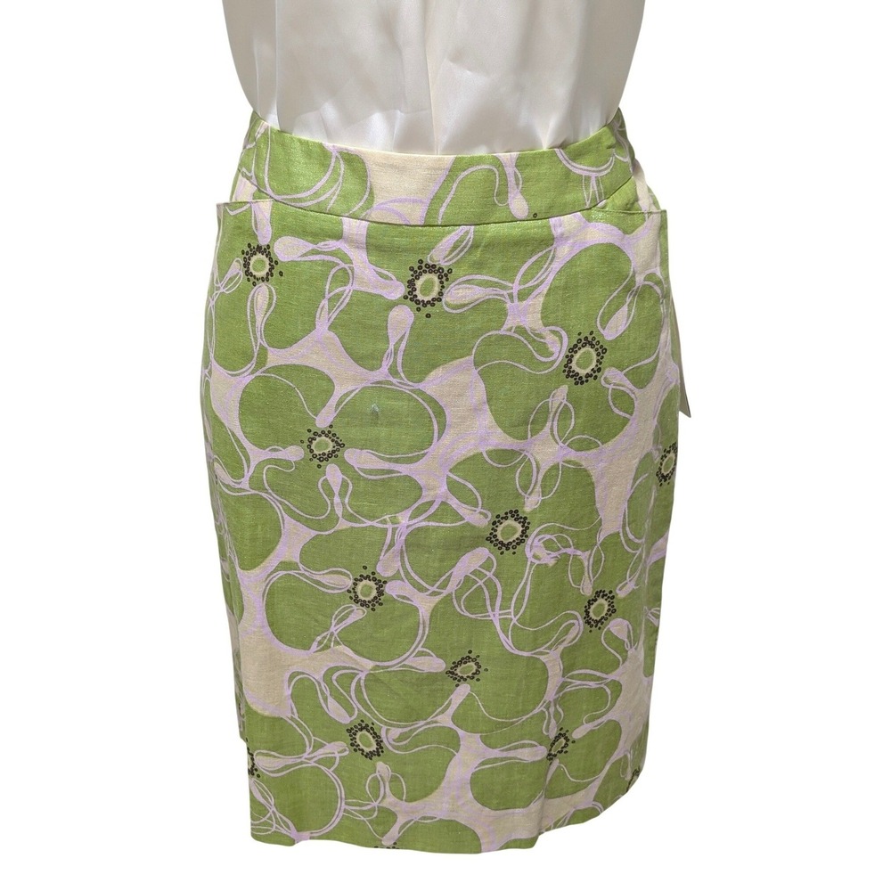 NWT Perry Ellis Apple Green Floral Linen Blend Metallic Pencil Skirt Pockets 6 - Picture 10 of 11